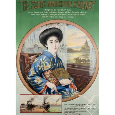 Affiche ancienne originale de voyage - Chemins de fer de Mandchourie - Circa 1910 - 106 par 76.5 cm