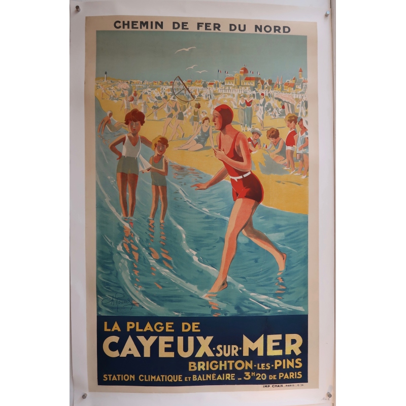 Affiche vintage encadrée d'un van rouge au bord de la plage de Lacanau