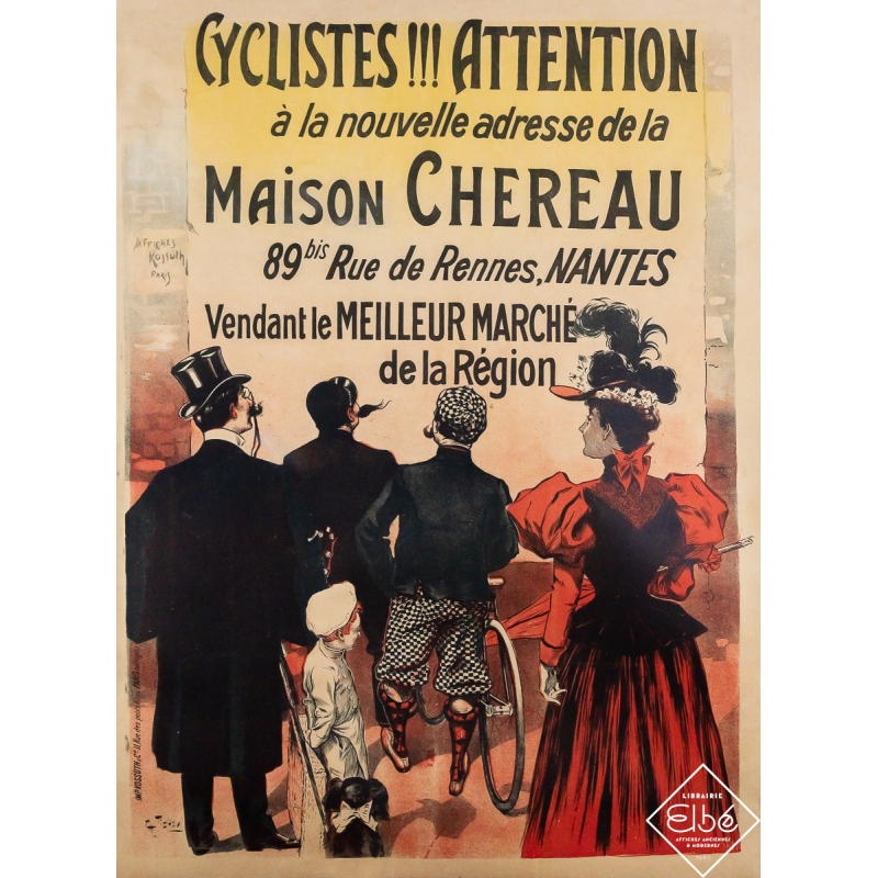 Original vintage advertising poster Maison Chereau - Cycles à Nantes - G. Tichon - Circa 1890 - 49.21 by 36.22 inches