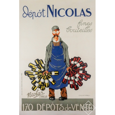 Affiche ancienne originale de publicité - Dépôt Nicolas - fines bouteilles - Dransy - 148 par 100 cm