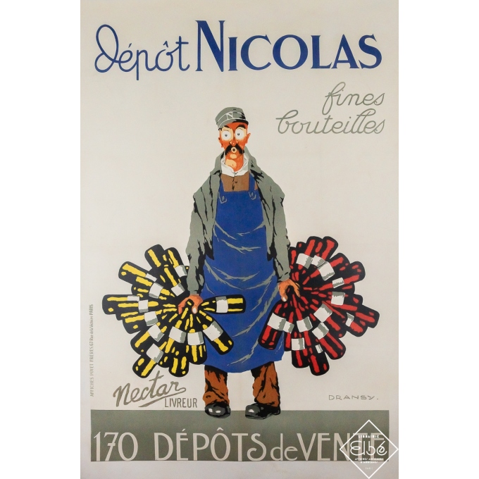 Original vintage advertising poster Dépôt Nicolas - fines bouteilles - Dransy - 58.27 by 39.37 inches