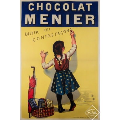 Affiche ancienne originale de publicité - Chocolat Menier - Éviter les contrefaçons - Firmin Bouisset - 151 par 101 cm