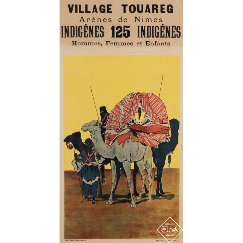 Affiche ancienne originale - Village Touareg - Arènes de Nîmes - Sandy Hook - Circa 1920 - 73.5 par 38 cm