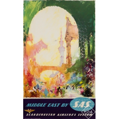 Affiche ancienne originale de voyage - Middle East by Scandinavian Airlines System SAS - On - 101 par 61.5 cm