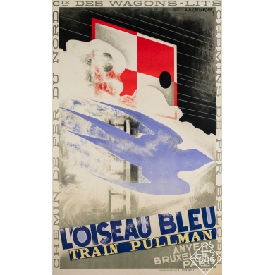 Affiche ancienne originale de voyage - L’Oiseau bleu - Train Pullman - Cassandre - 100.5 par 61.5 cm