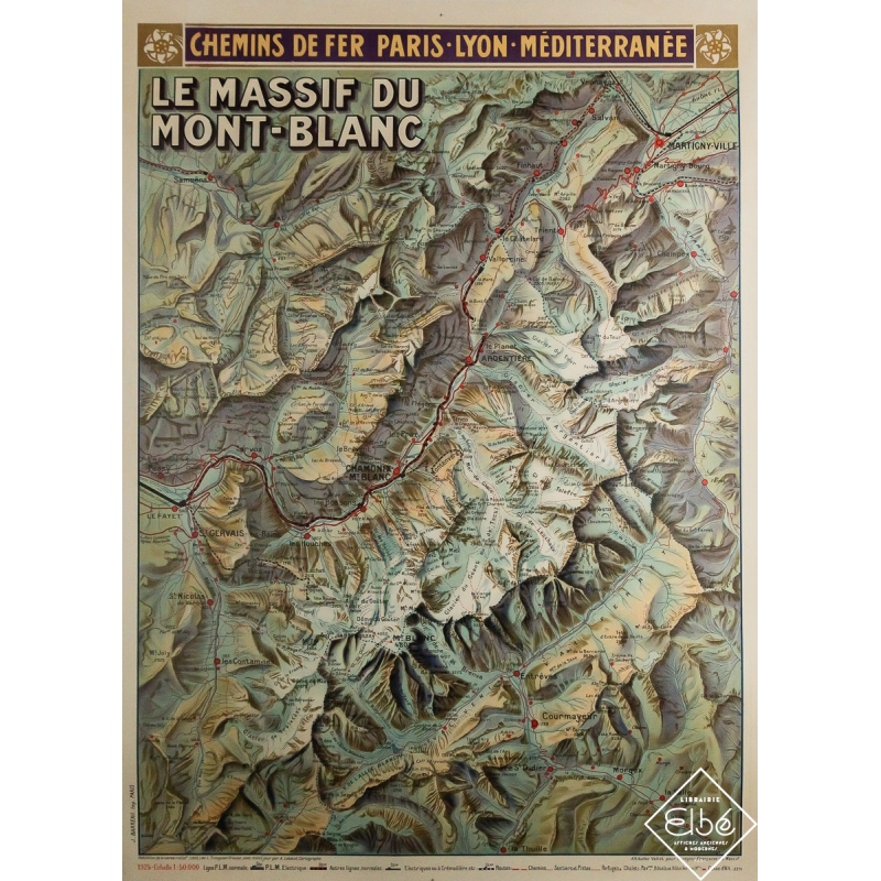 Affiche ancienne originale de voyage - Le massif du Mont-Blanc - Chemins de fer Paris-Lyon-Méditerranée - 107 par 77 cm