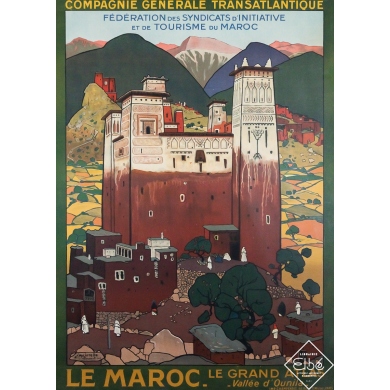 Affiche ancienne originale de voyage - Le Maroc - Le Grand Atlas - vallée d’Ounila - Jacques Majorelle - 105 par 75 cm