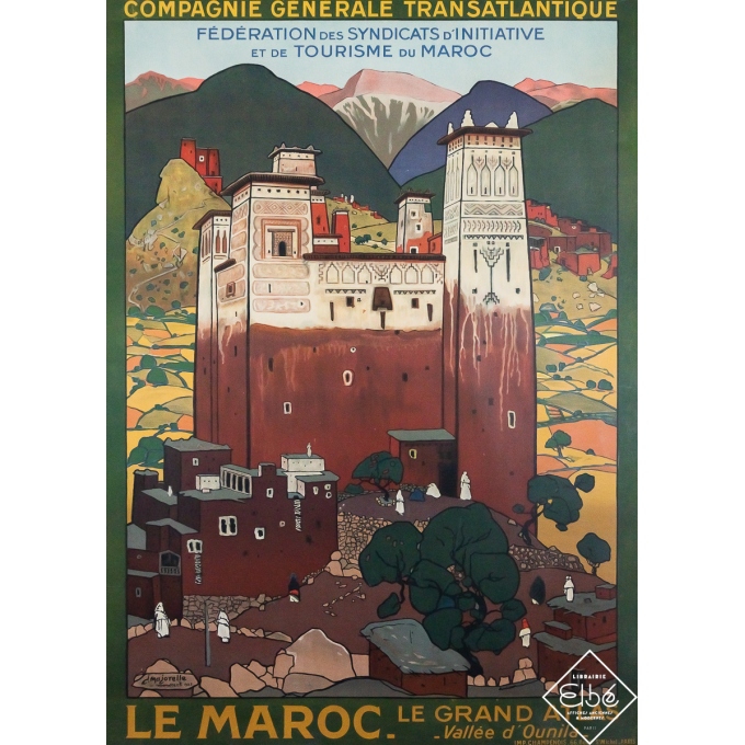 Affiche ancienne originale de voyage - Le Maroc - Le Grand Atlas - vallée d’Ounila - Jacques Majorelle - 105 par 75 cm