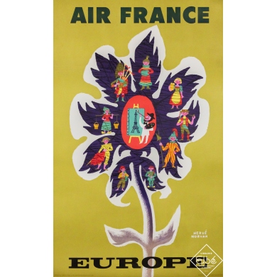 Affiche ancienne originale de voyage - Air France Europe - Hervé Morvan - 99.5 par 61.5 cm