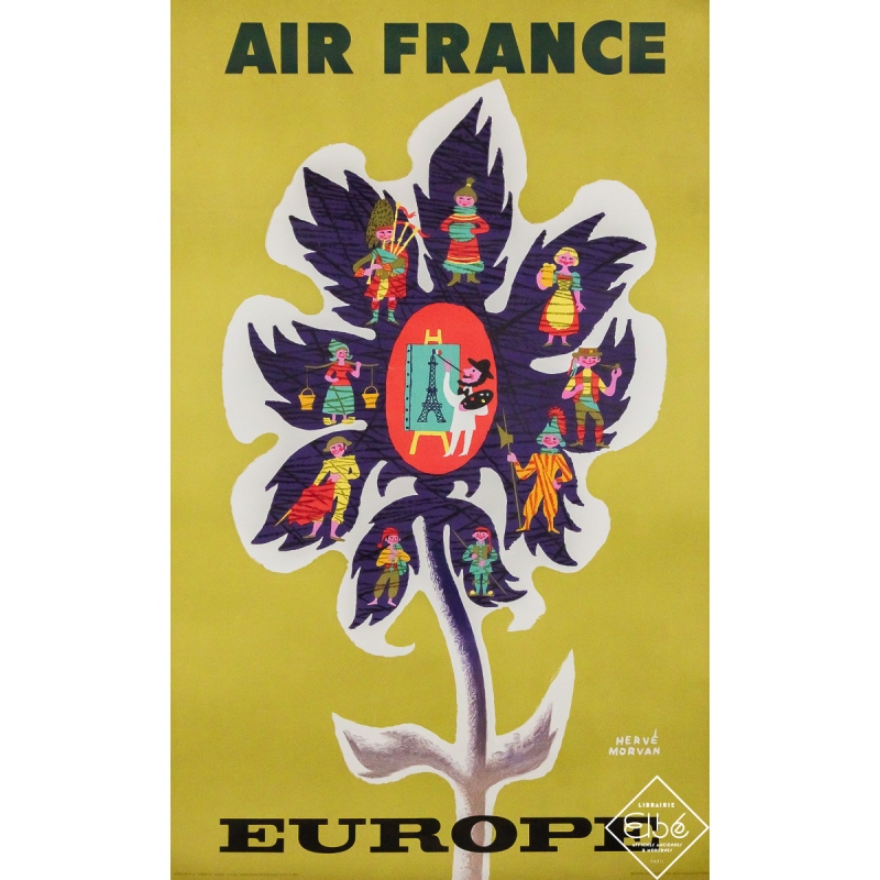 Original vintage travel poster Air France Europe - Hervé Morvan - 39.17 by 24.21 inches