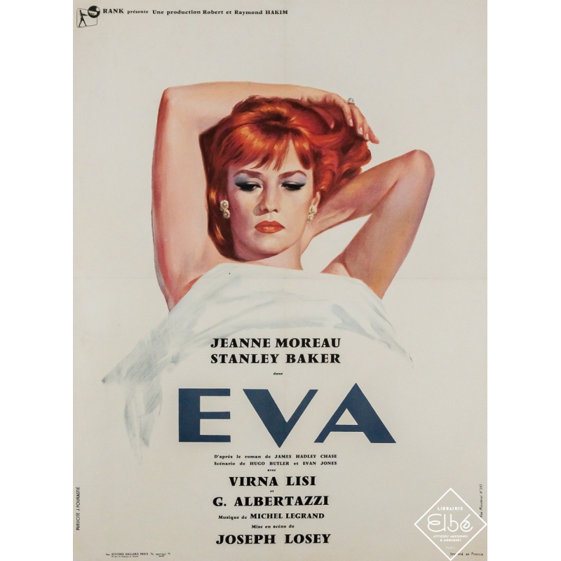 Affiche ancienne originale de cinéma - Eva - Jeanne Moreau - Publicité J. Fourastié - 79.5 par 59.5 cm