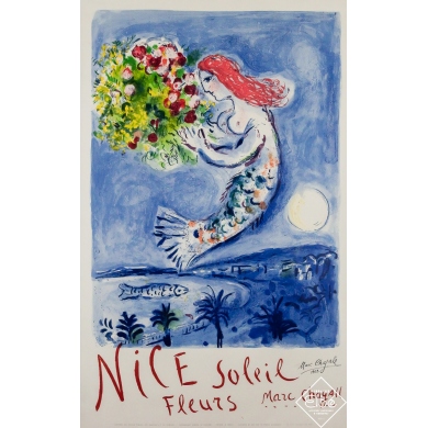 Original vintage travel poster Nice Soleil Fleurs signed - Marc Chagall - 39.17 by 24.41 inches