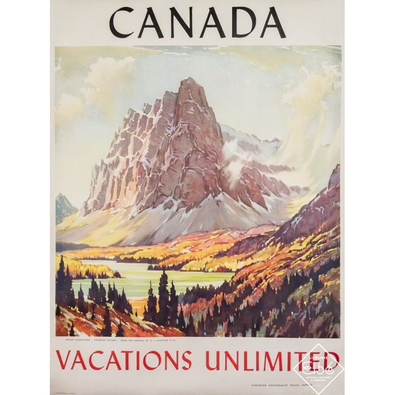 Affiche ancienne originale de voyage - Canada - Mont Eisenhower - D’après A. C. Leighton - Circa 1950 - 100 par 75 cm