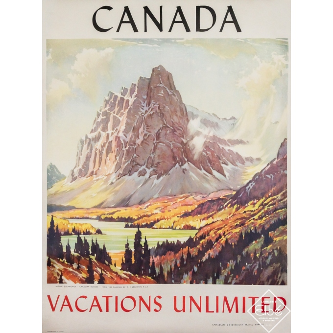Affiche ancienne originale de voyage - Canada - Mont Eisenhower - D’après A. C. Leighton - Circa 1950 - 100 par 75 cm