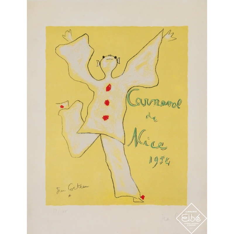 Affiche ancienne originale - Carnaval de Nice - signée numérotée - Jean Cocteau - 65 par 50 cm