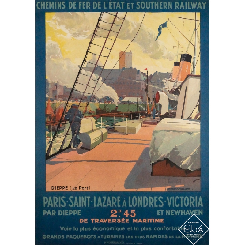 Original vintage travel poster Le port de Dieppe - G. Marchand - Circa 1920 - 41.34 by 29.33 inches