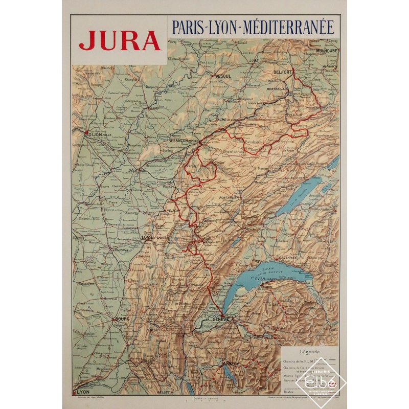 Original vintage travel poster Carte du Jura - PLM - Jean Dolfus - Circa 1920 - 42.52 by 29.53 inches