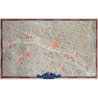 Affiche ancienne originale - Vue du centre de Paris à vol d’oiseau - Plan de Paris bleu - 71 par 113 cm