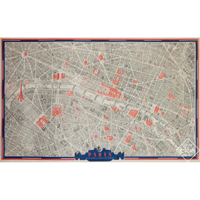 Affiche ancienne originale - Vue du centre de Paris à vol d’oiseau - Plan de Paris bleu - 71 par 113 cm
