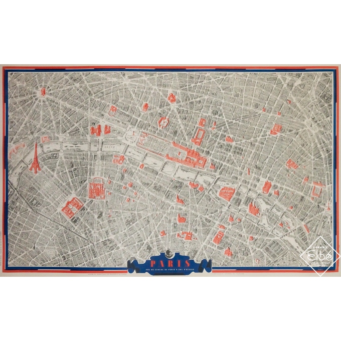 Original vintage poster Vue du centre de Paris à vol d’oiseau - Plan de Paris bleu - 27.95 by 44.49 inches