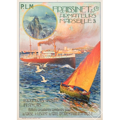 Original vintage travel poster Fraissinet & Cie - Marseille - PLM - David Dellepiane - Circa 1920 - 42.32 by 30.31 inches