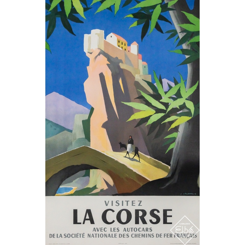Affiche ancienne originale de voyage - Visitez la Corse - SNCF - Jean Jacquelin - 99 par 62 cm