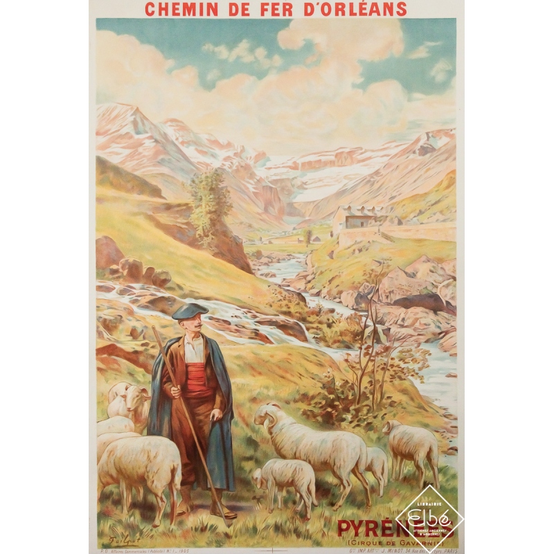 Affiche ancienne originale de voyage - Pyrénées - Chemin de fer d’Orléans - Toilpot - 105.5 par 73.5 cm