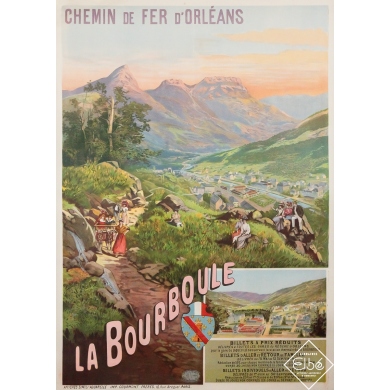 Affiche ancienne originale de voyage - La Bourboule - Chemin de fer d’Orléans - Tanconville - Circa 1898 - 105.5 par 76 cm