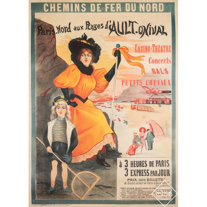 Affiche ancienne originale de voyage - Paris-Nord aux plages d’Ault-Onival - Circa 1905 - 127 par 91 cm