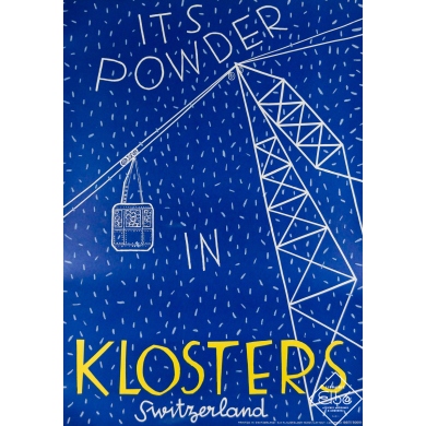 Affiche ancienne de voyage de J.Charmoz annonçant 'It's powder in Klosters - Suisse' datant de 1957.