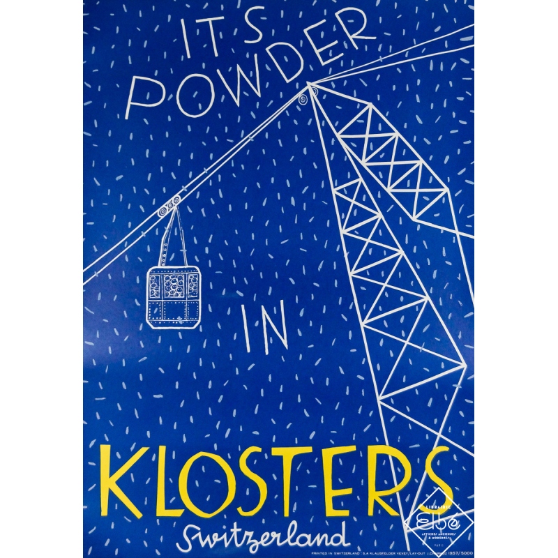 Affiche ancienne de voyage de J.Charmoz annonçant 'It's powder in Klosters - Suisse' datant de 1957.