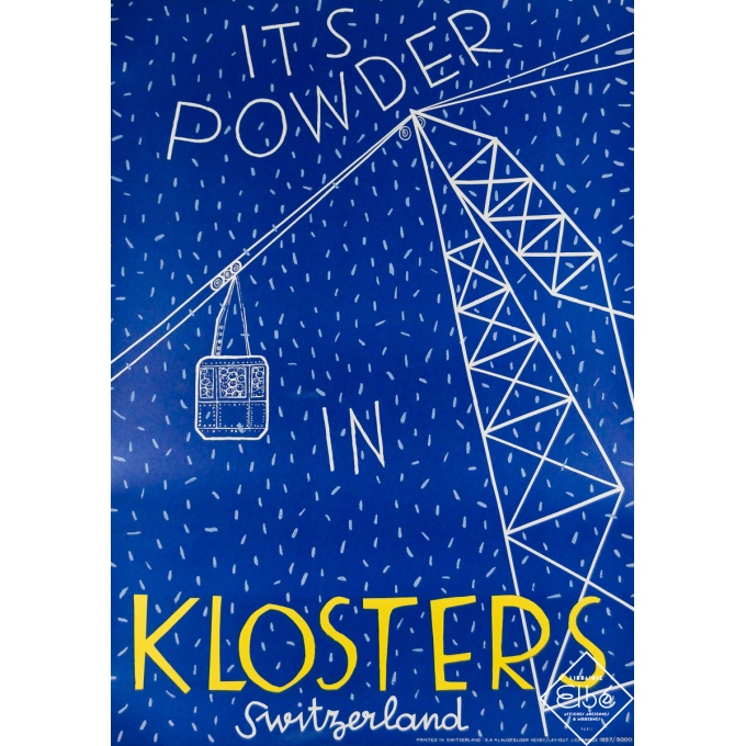 Affiche ancienne de voyage de J.Charmoz annonçant 'It's powder in Klosters - Suisse' datant de 1957.