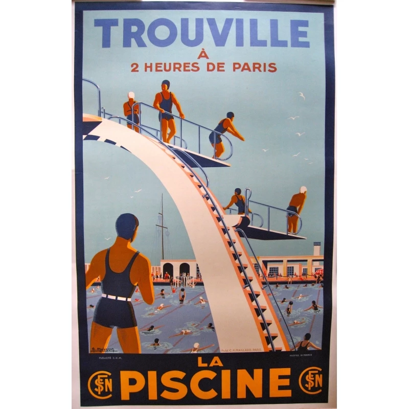 ABLERTRADE Panneau en métal 20,3 x 30,5 cm Trouville la piscine Paris France Vintage Voyage publicité rétro Décoration murale 